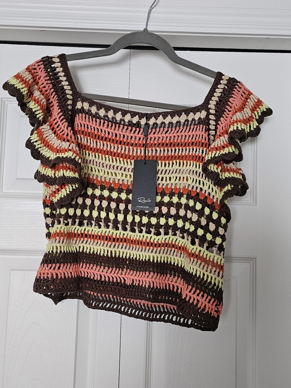 Rails Crochet Ruffle-Sleeve Crop Top in Coral, Lime & Chocolate
